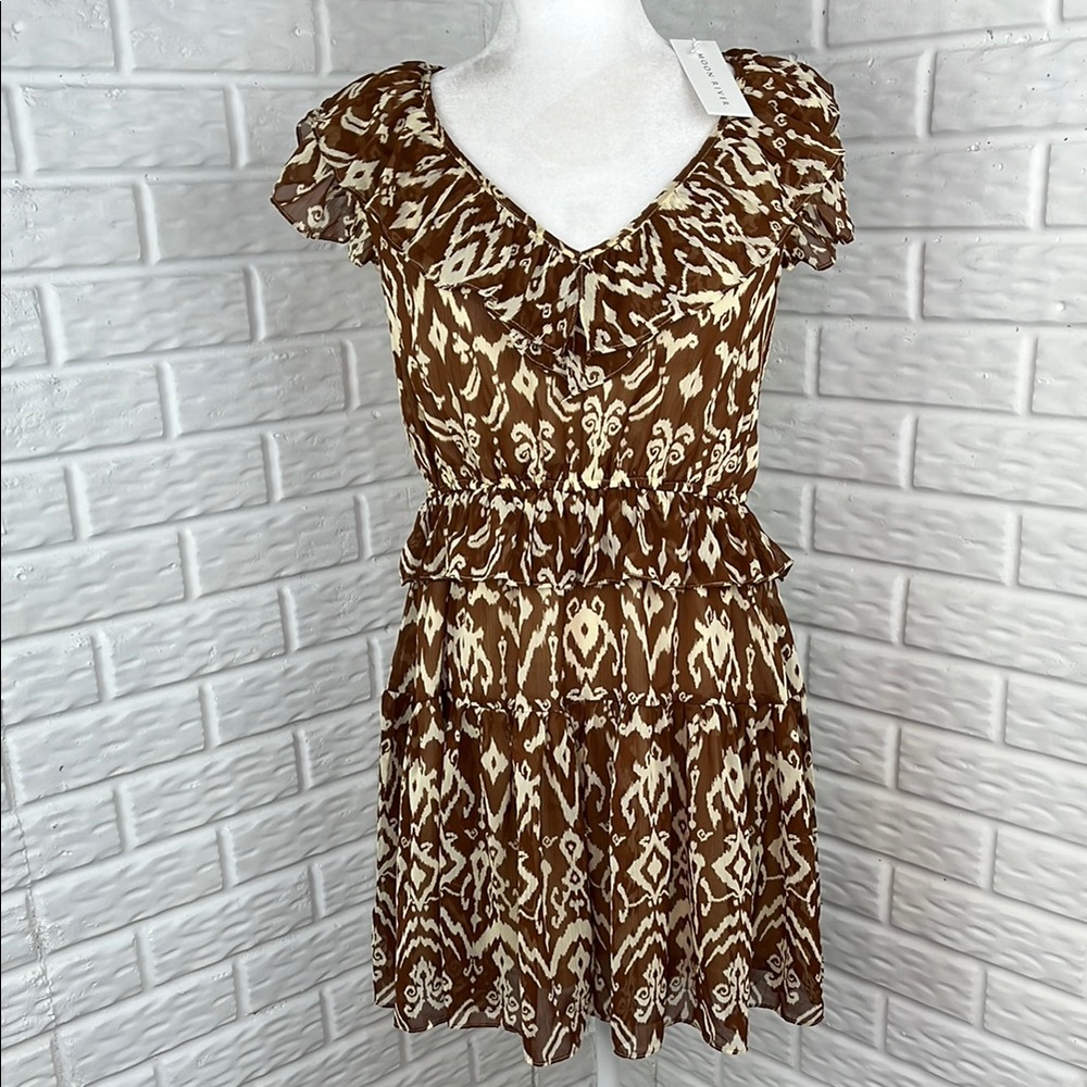 MOON RIVER DRESS BROWN AND CREAM WESTERN PATTERN RUFFLE LINED SIZE MED NWT
